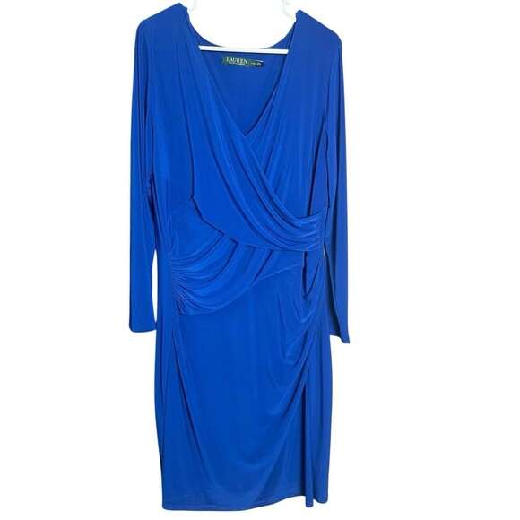 Lauren Ralph Lauren Womens 14W Slinky Faux Ruched Cocktail Sheath Dress Blue - Picture 1 of 12
